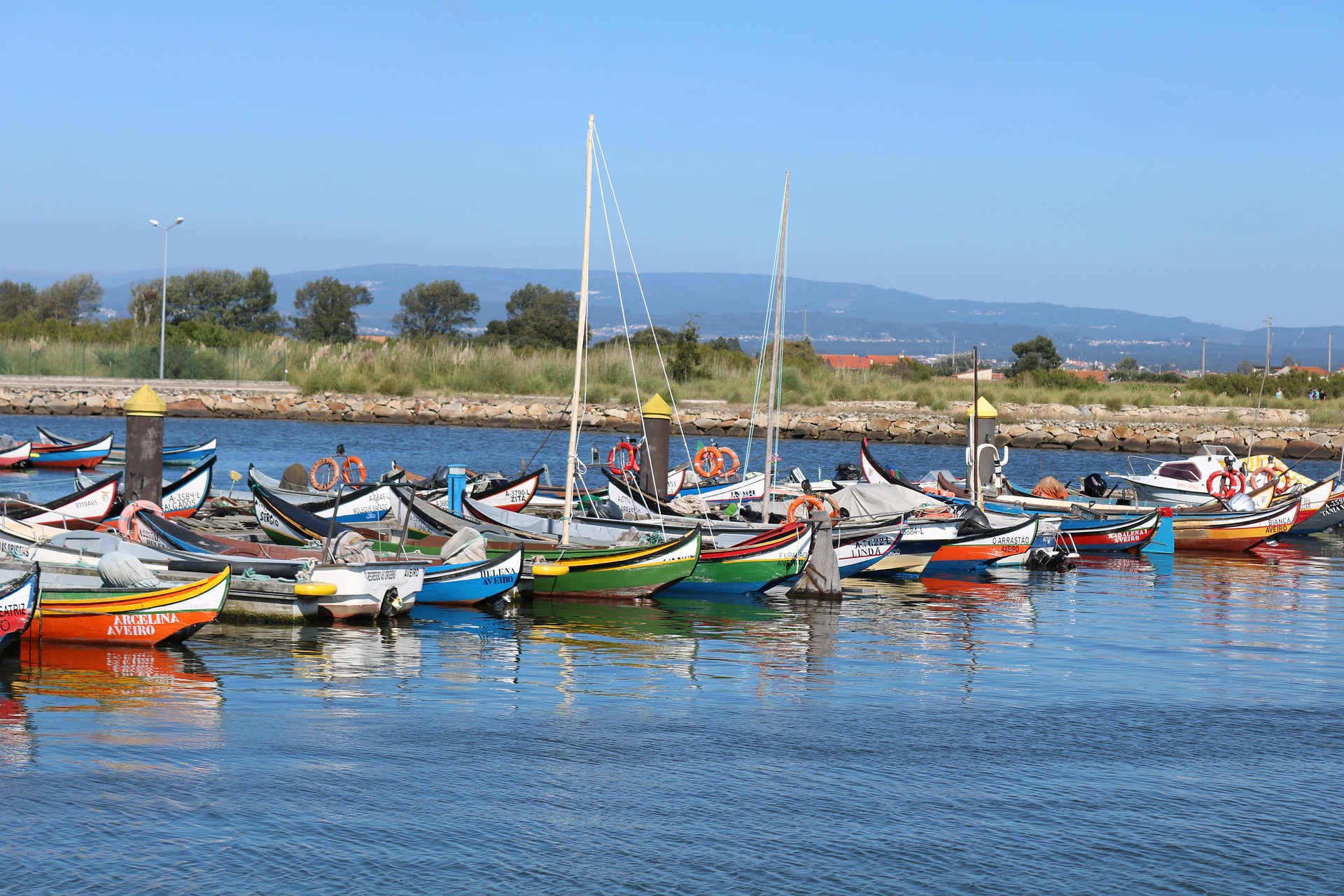 Serene landscape of Ria de Aveiro lagoon with calm waters, salt pans, and traditional moliceiro boats