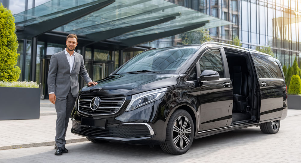 Professional photographer-driver welcoming guests in a luxury vehicle at Quinta do Lago