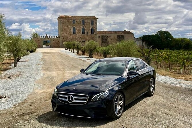 Luxury vehicle on scenic Alentejo roads with cork oaks and golden plains